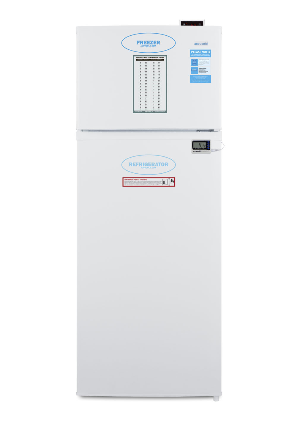 General purpose refrigerator-freezer with digital refrigerator control, internal fan, and alarm/thermometer